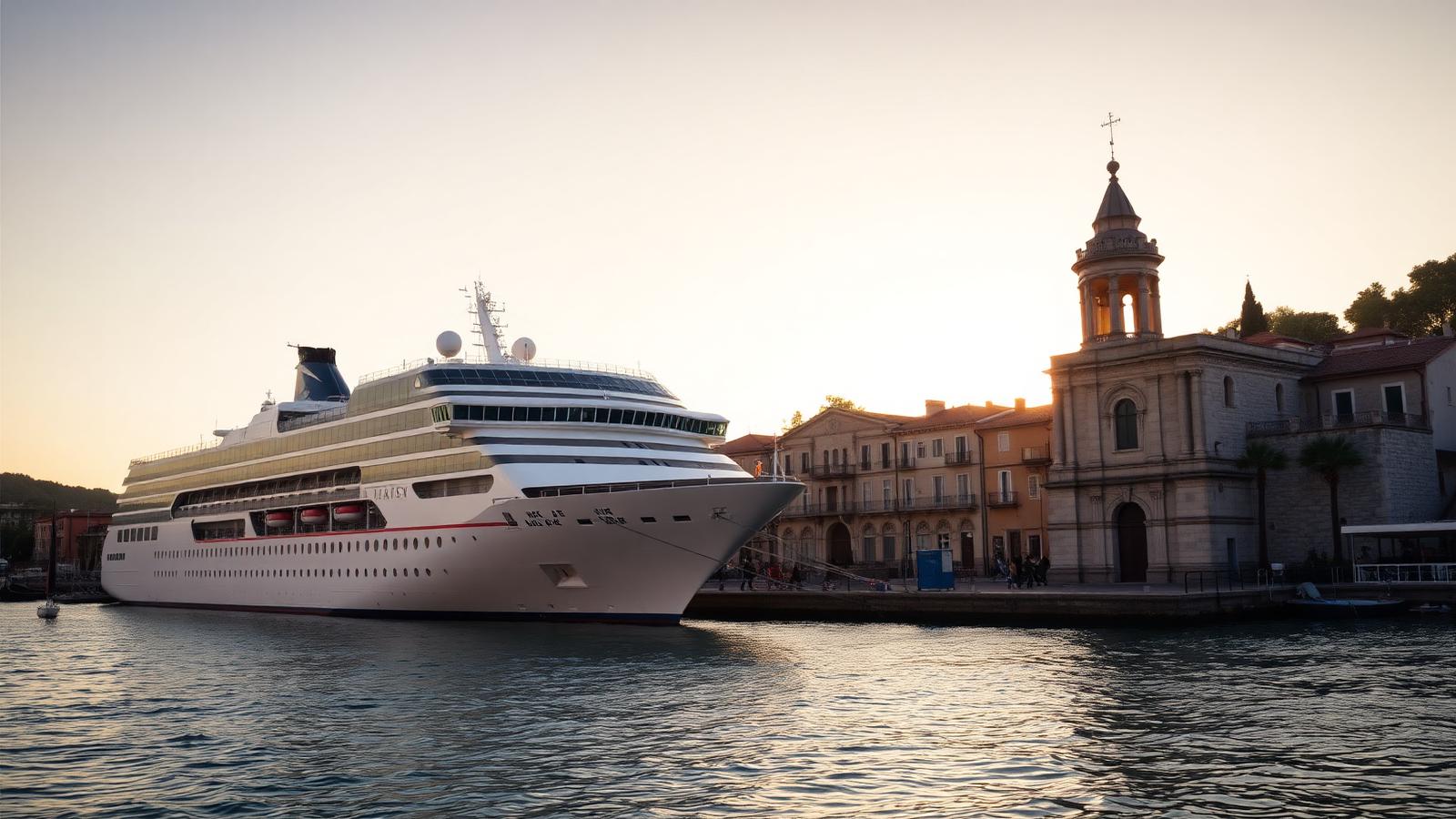 Large cruise ship docked beside a historic Mediterranean cathedral
