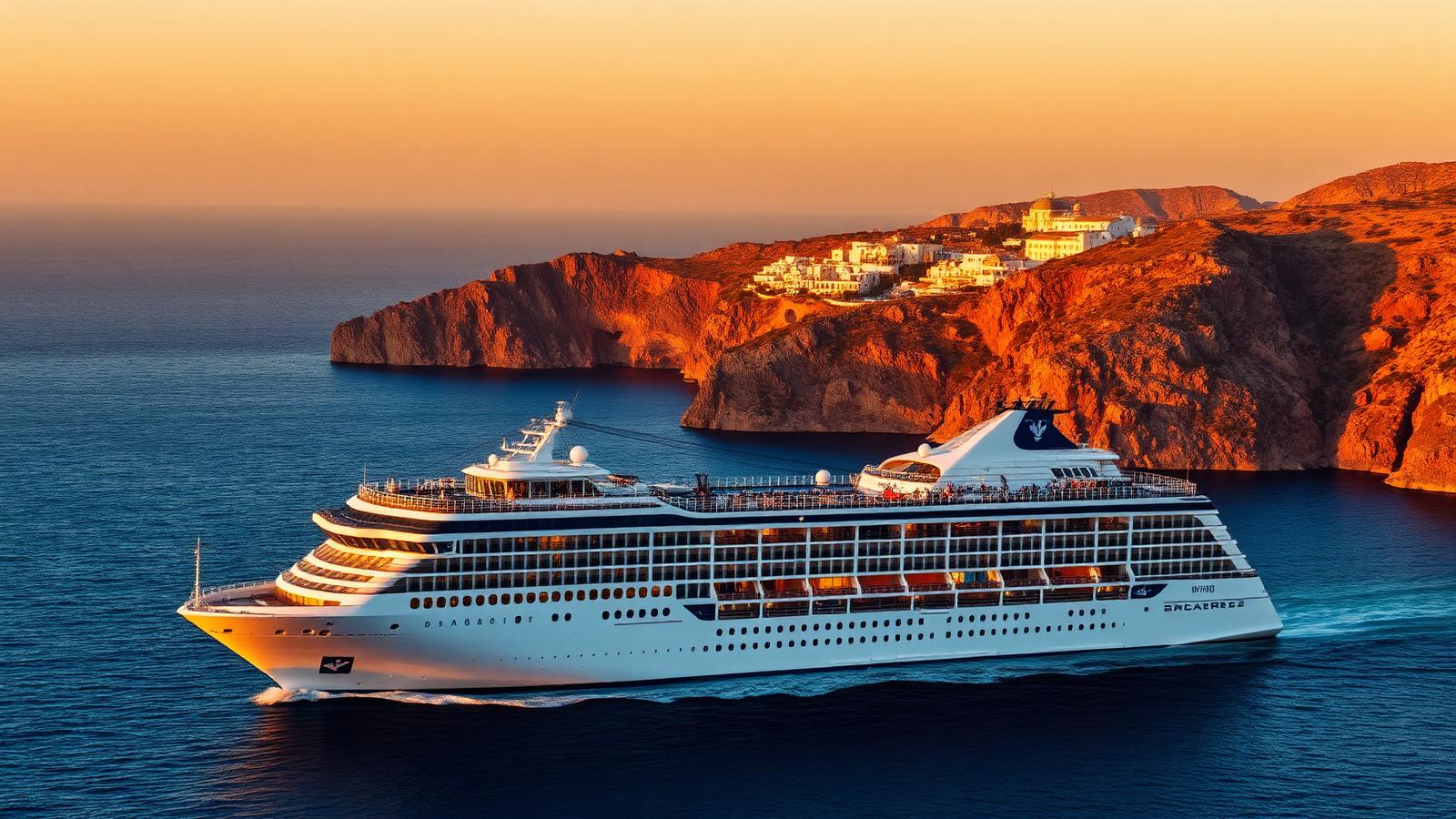 Large cruise ship sailing past Mediterranean cliffs at sunset